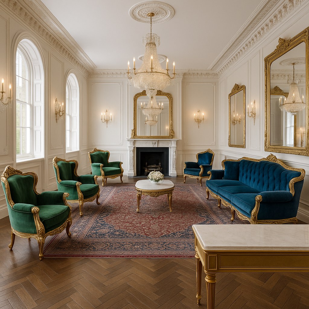 Hotel lobby furnished with Casa Padrino baroque furniture and crystal chandeliers
