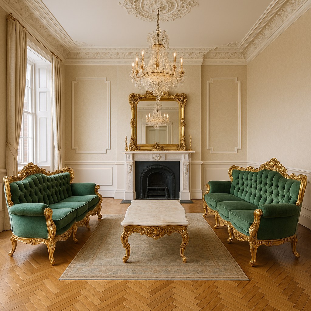 Baroque suite by Casa Padrino with sofa and gilded armchairs in a Georgian Dublin drawing room