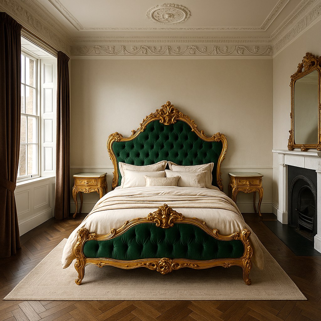 Baroque bedroom with carved bed and matching bedside cabinets in an Irish country house