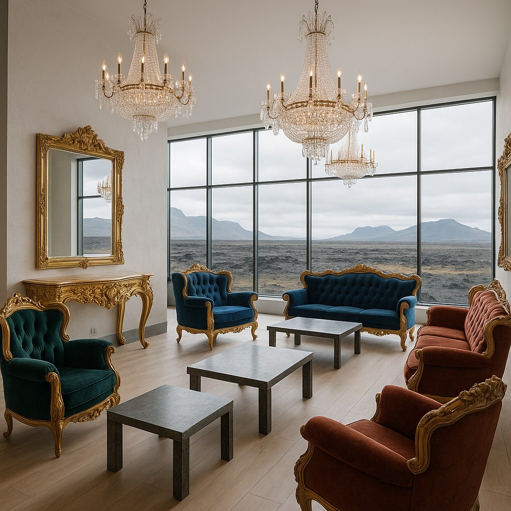Hótelmóttaka innréttuð með barokkhúsgögnum frá Casa Padrino og kristalsljósakrónum