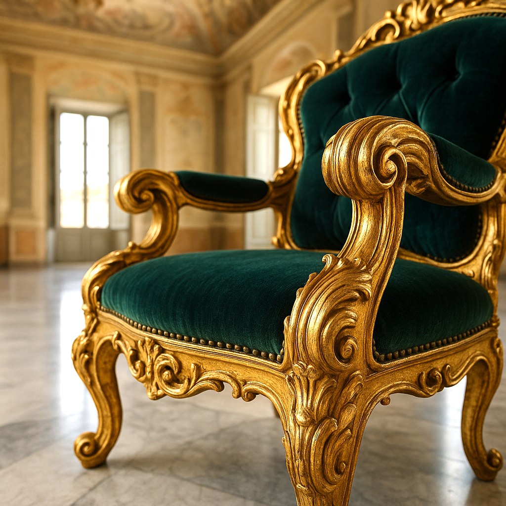 Dettaglio di intaglio dorato a foglia e velluto su una poltrona barocca