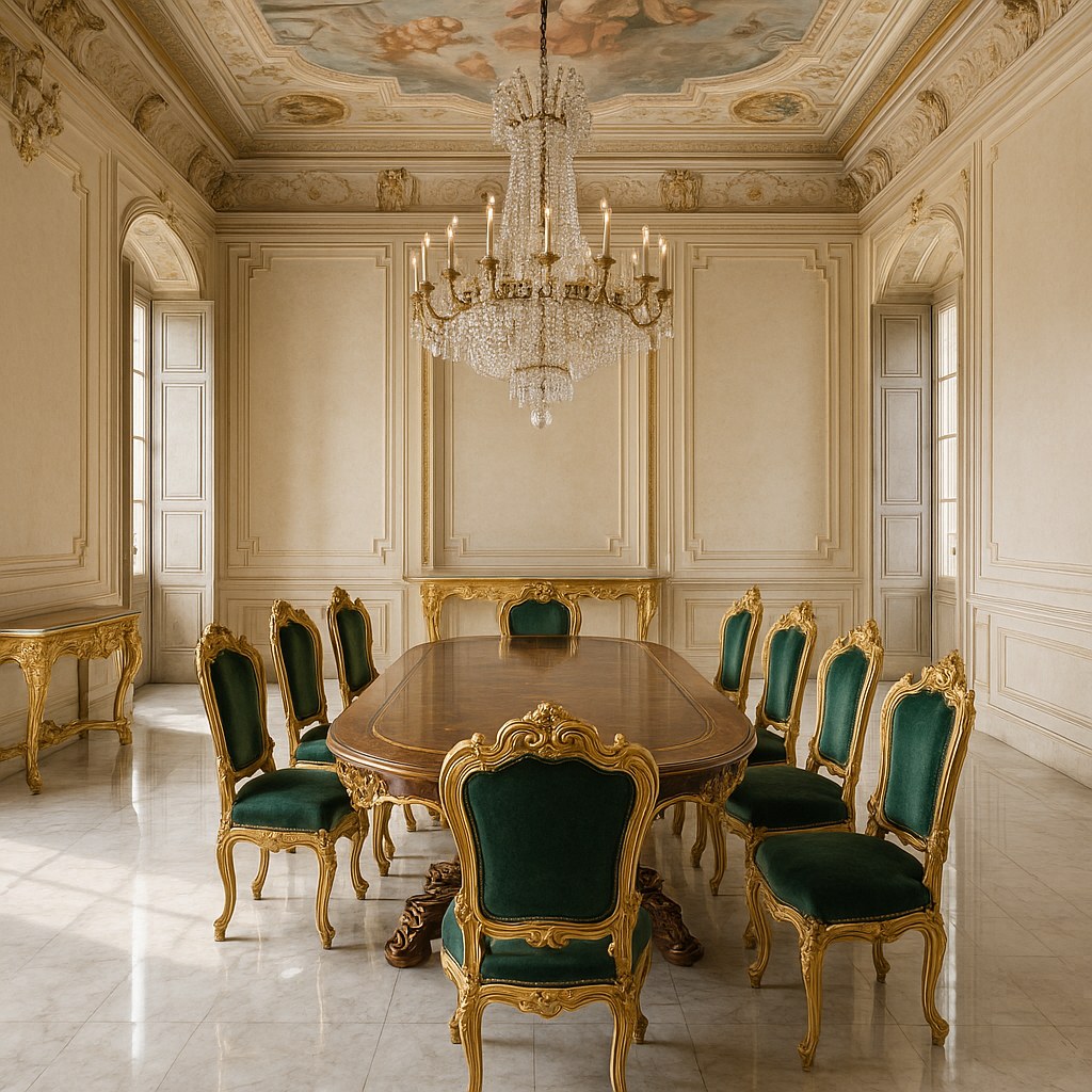Sala da pranzo barocca con grande tavolo intagliato e lampadario in cristallo in Italia