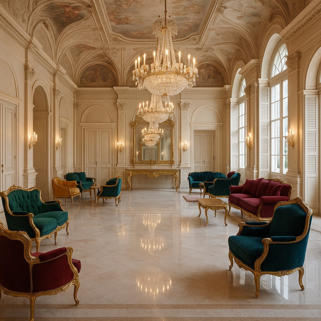 Hall di albergo arredata con mobili barocchi Casa Padrino e lampadari in cristallo