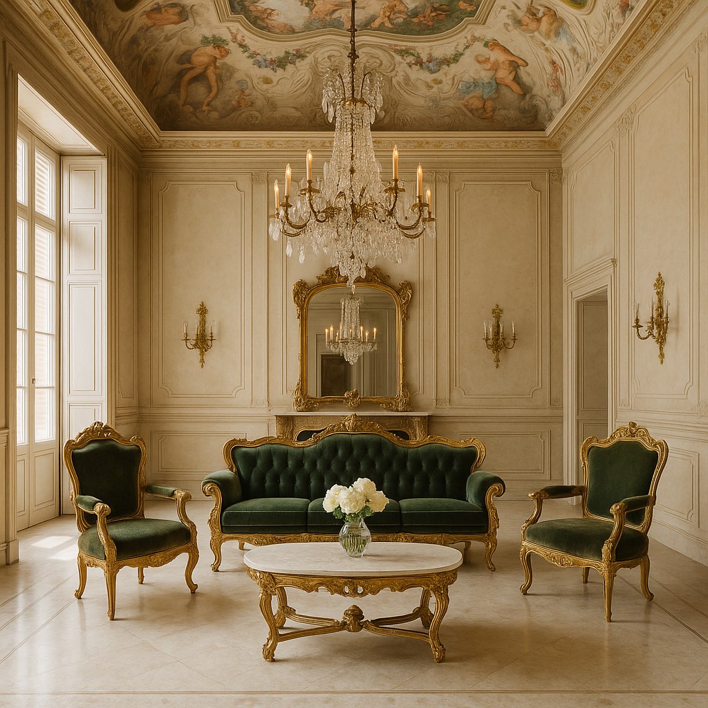 Salotto barocco Casa Padrino con divano e poltrone dorate in un palazzo italiano