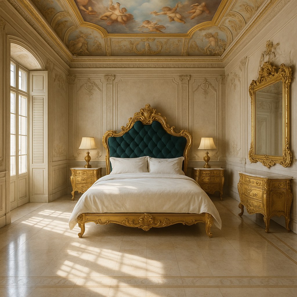 Camera da letto barocca con letto intagliato e comodini coordinati in una villa italiana