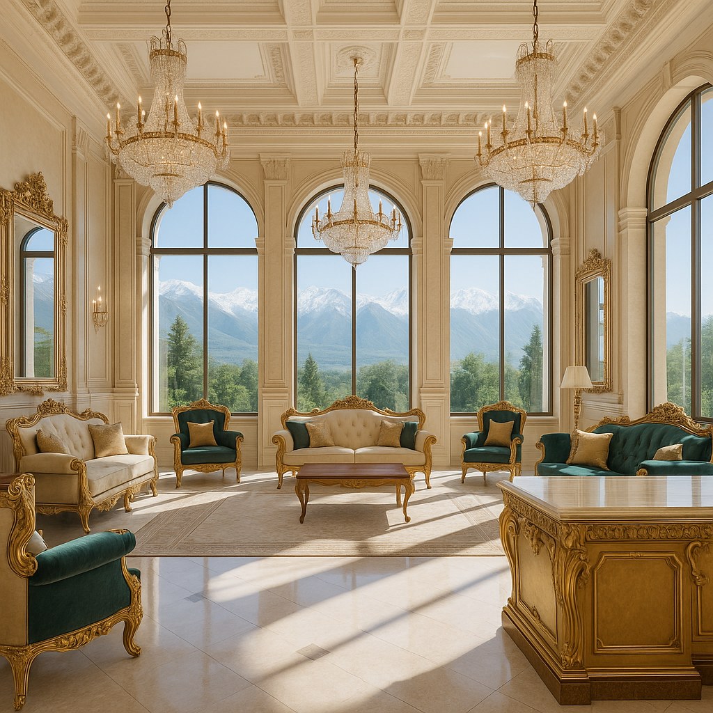 Casa Padrino барокко жиһазымен және хрусталь люстралармен жабдықталған қонақүй холлы