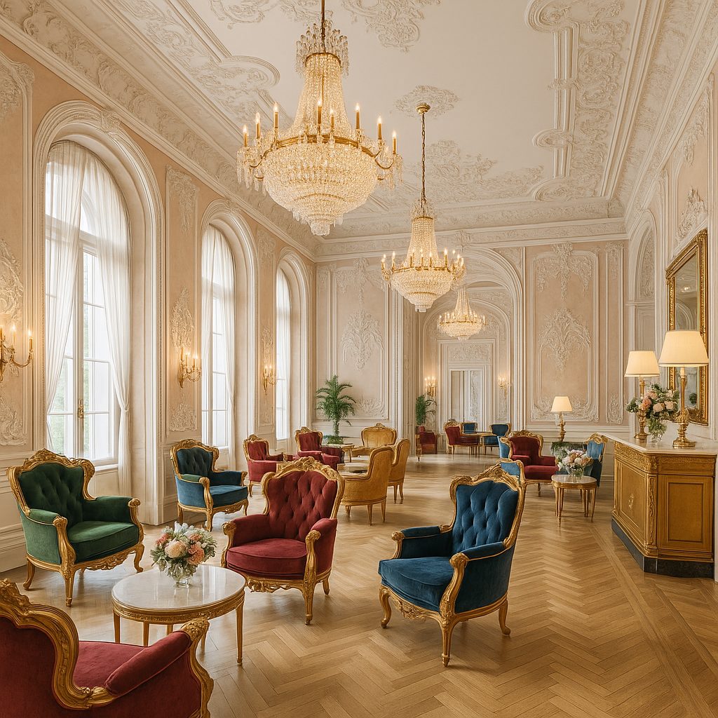 Viesnīcas vestibils, iekārtots ar Casa Padrino baroka mēbelēm un kristāla lustrām