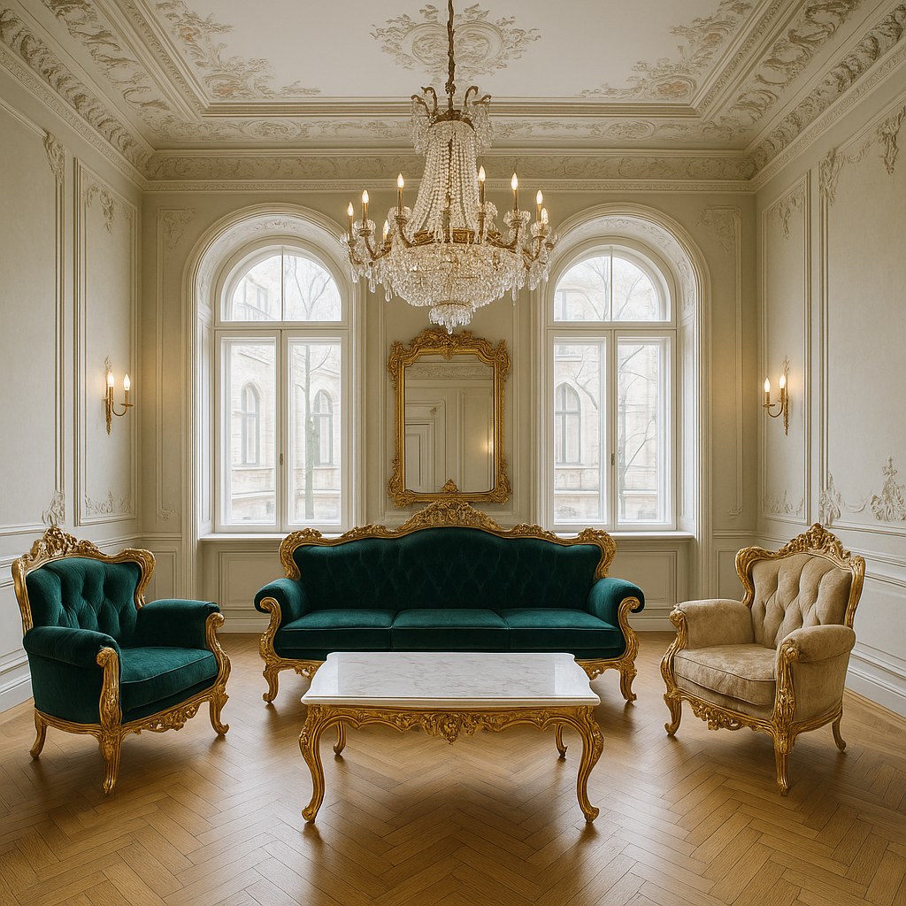 Casa Padrino baroka dīvānu grupa ar zeltītiem atpūtas krēsliem Latvijas dzīvoklī