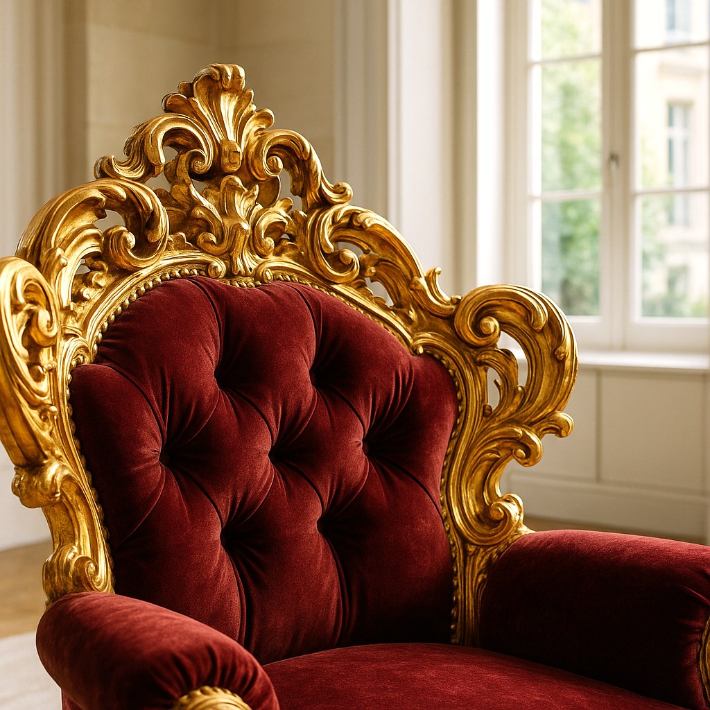 Détail de sculpture dorée à la feuille et velours sur un fauteuil baroque
