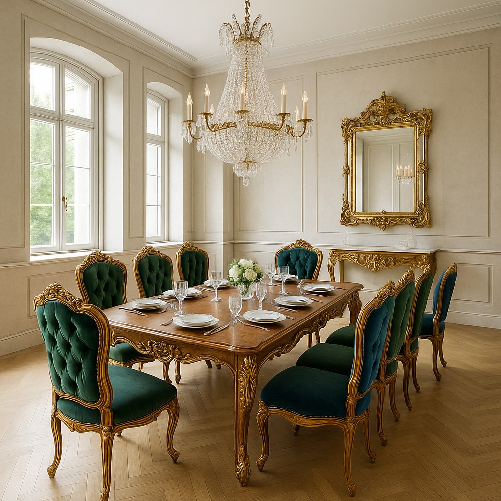 Salle à manger baroque avec grande table sculptée et lustre en cristal au Luxembourg