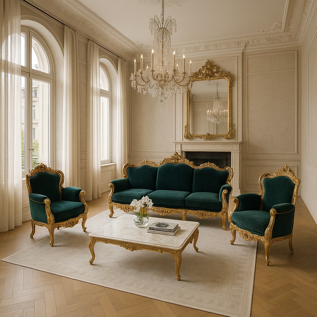 Salon baroque Casa Padrino avec canapé et fauteuils dorés dans une villa luxembourgeoise