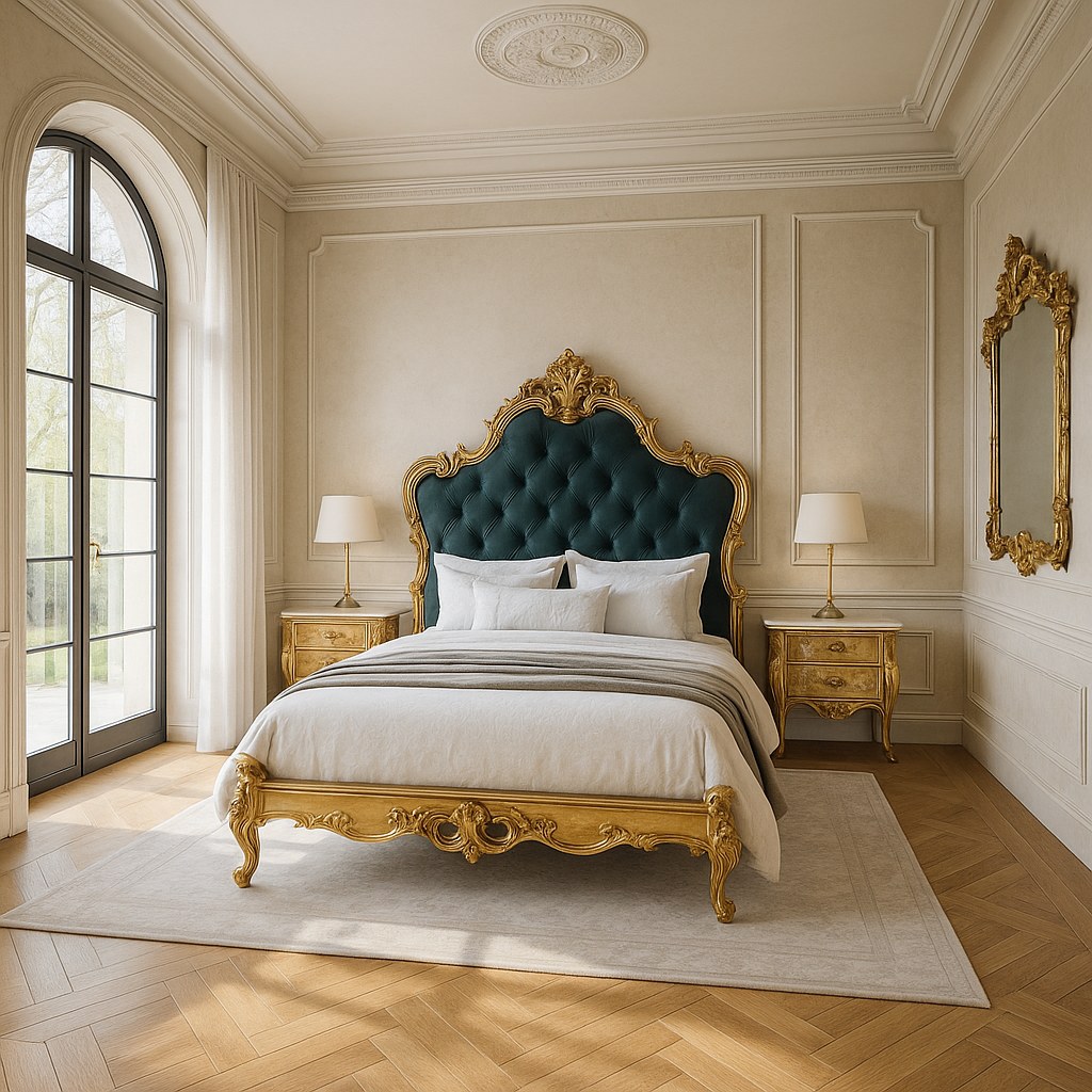 Chambre baroque avec lit sculpté et chevets assortis dans une maison de maître