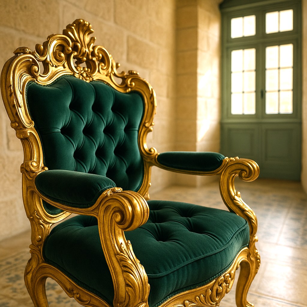 Close up of gold leaf carving and velvet on a baroque armchair