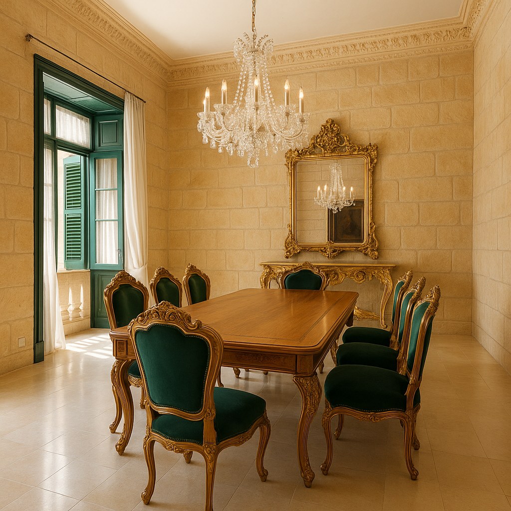 Baroque dining room with large carved table and crystal chandelier in Malta