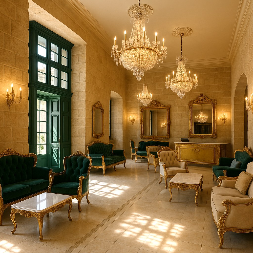 Hotel lobby furnished with Casa Padrino baroque furniture and crystal chandeliers
