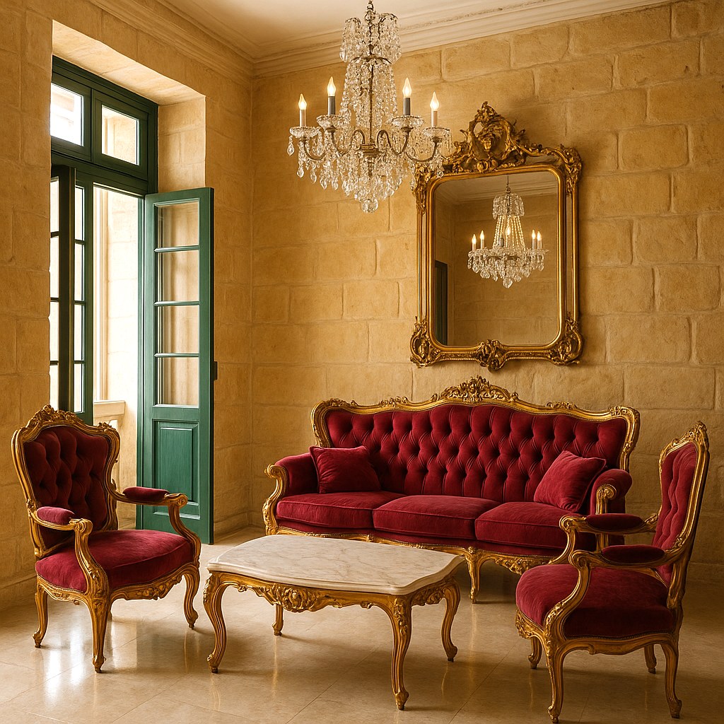 Baroque suite by Casa Padrino with sofa and gilded armchairs in a Maltese townhouse