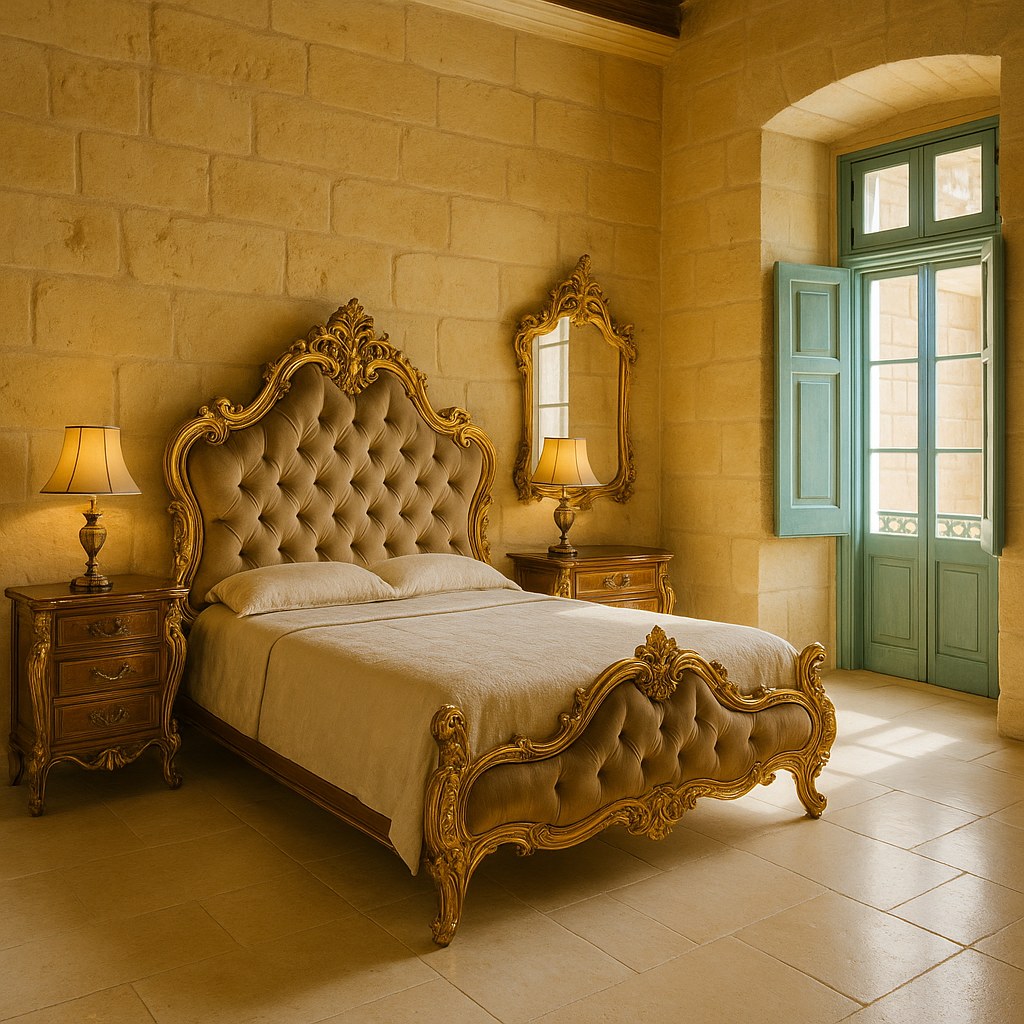 Baroque bedroom with carved bed and matching bedside cabinets in a Maltese property