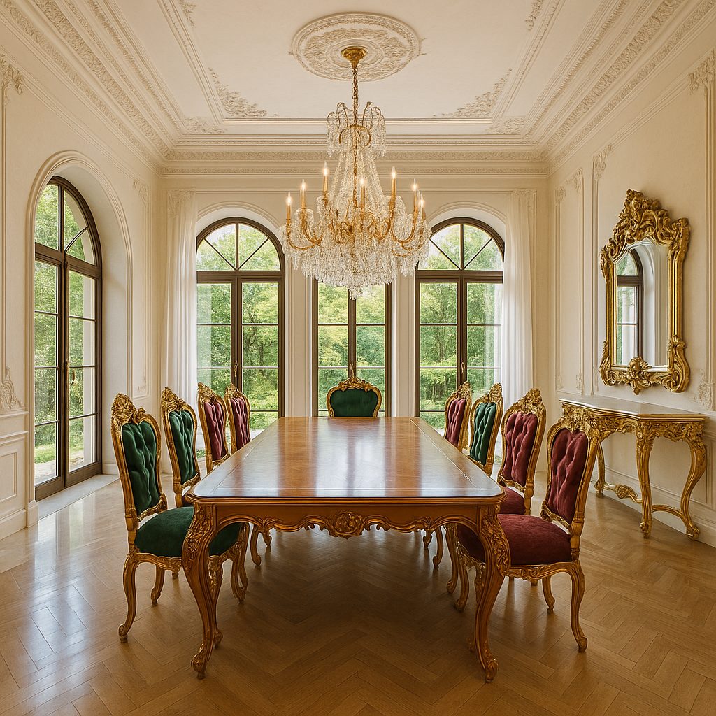 Sufragerie barocă cu masă mare sculptată și candelabru de cristal