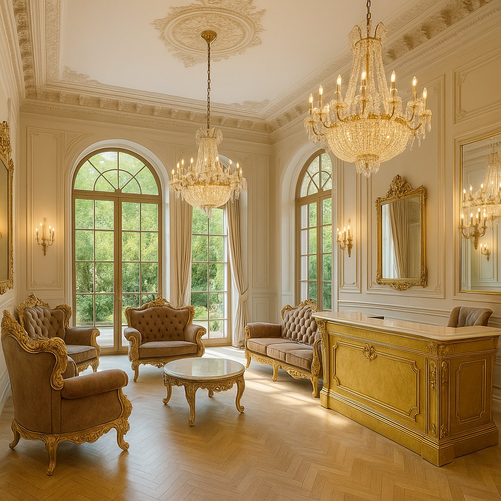 Lobby de hotel amenajat cu mobilier baroc Casa Padrino și candelabre de cristal