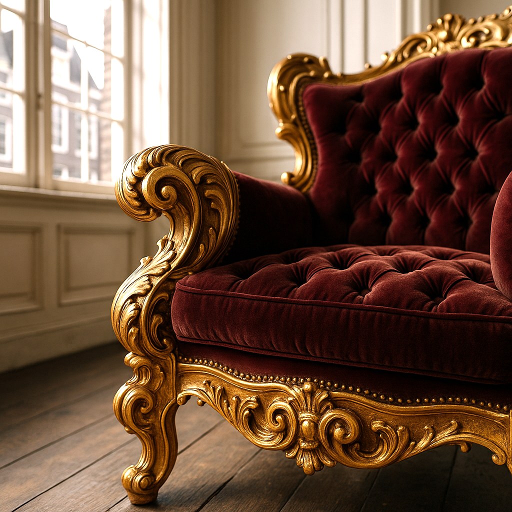 Detail van met bladgoud verguld snijwerk en velours op een barokke fauteuil