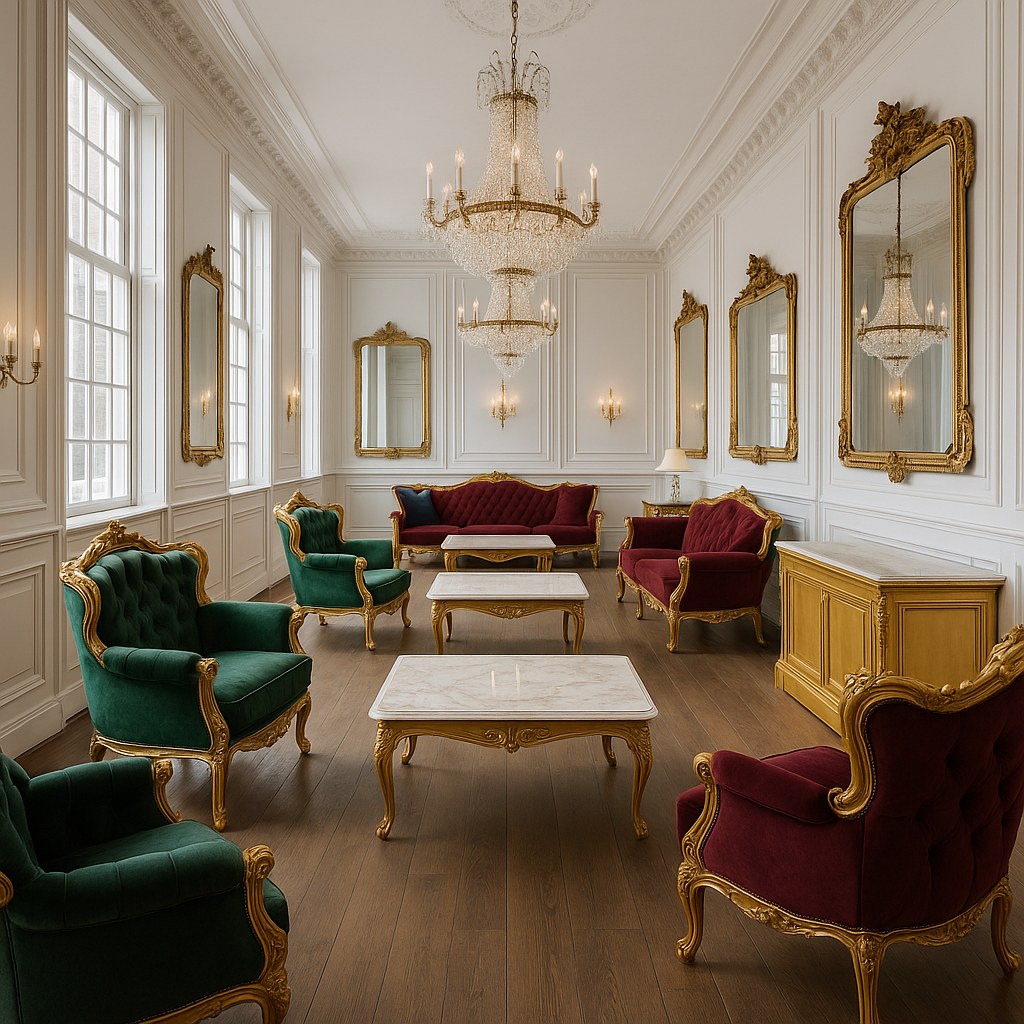 Hotellobby ingericht met barok meubilair van Casa Padrino en kristallen kroonluchters