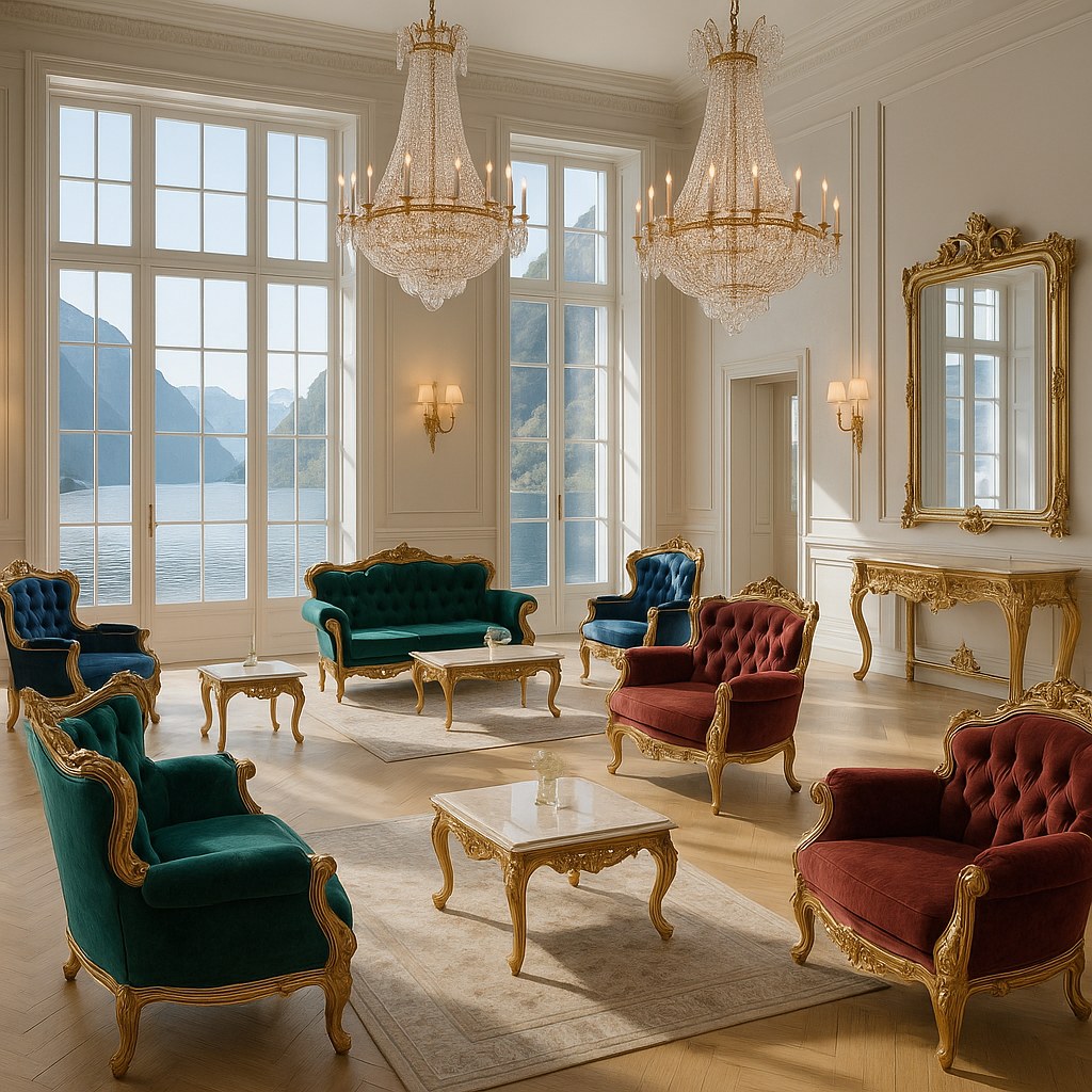 Hotellobby innredet med barokkmøbler fra Casa Padrino og krystallysekroner