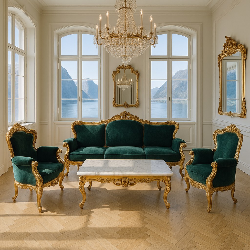 Barokk sofagruppe fra Casa Padrino med sofa og forgylte lenestoler i en norsk villa