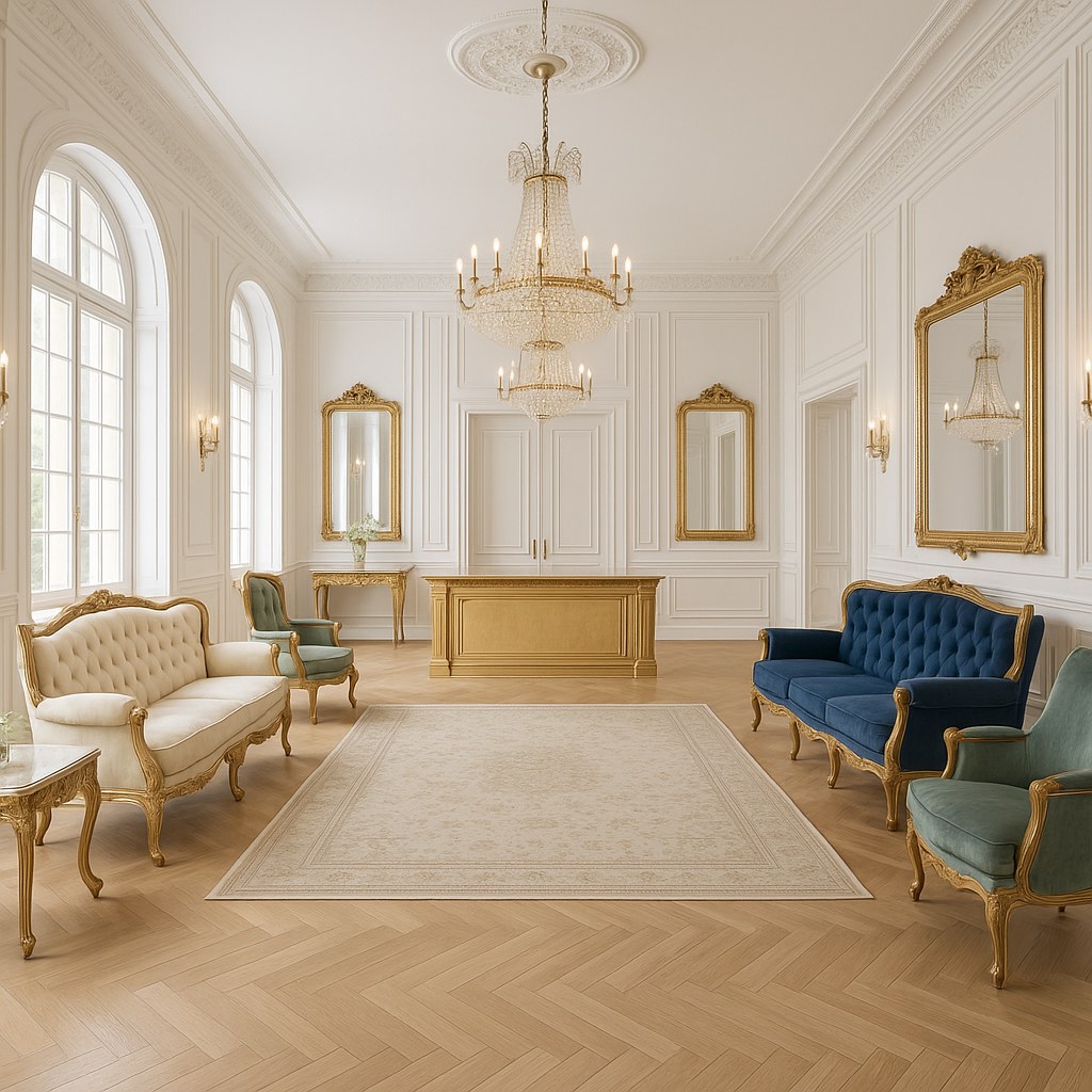 Lobby hotelowe urządzone meblami barokowymi Casa Padrino z kryształowymi żyrandolami