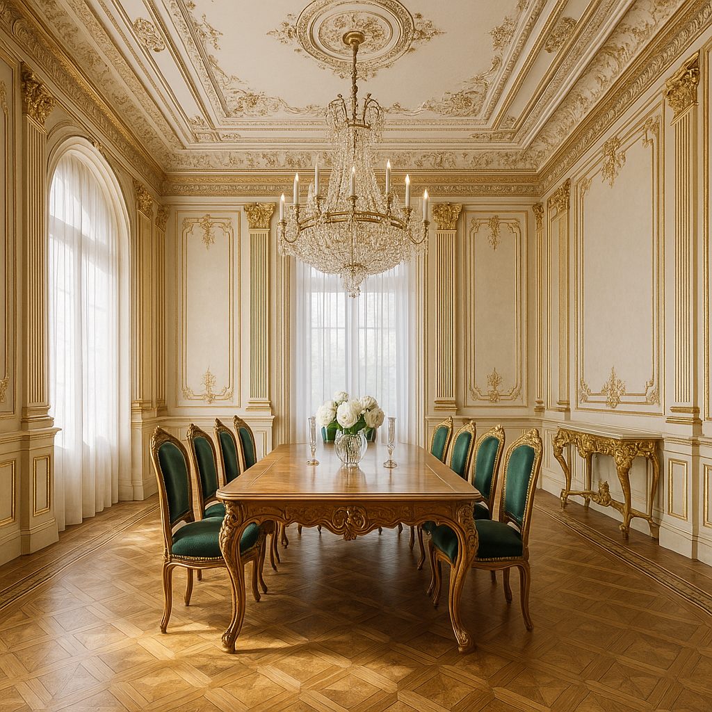 Sufragerie barocă cu masă mare sculptată și candelabru de cristal în România