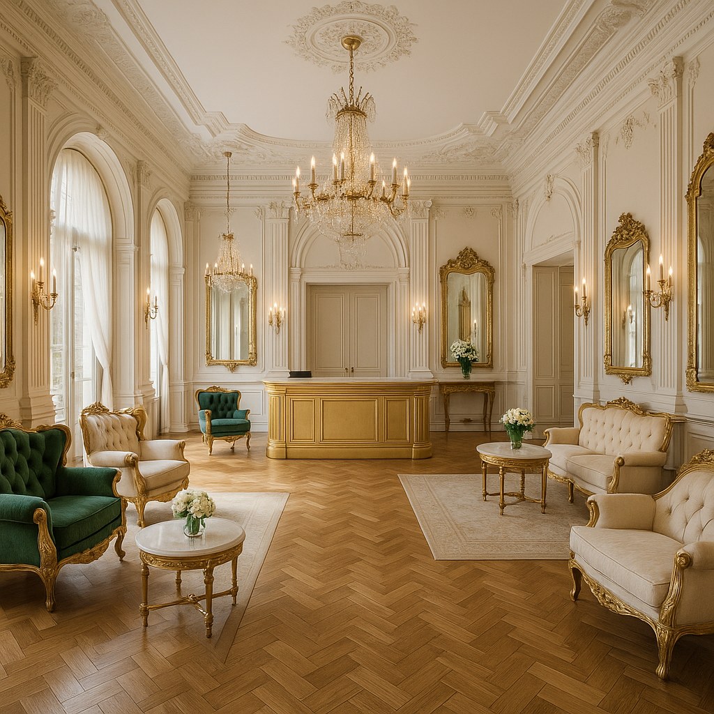 Lobby de hotel amenajat cu mobilier baroc Casa Padrino și candelabre de cristal