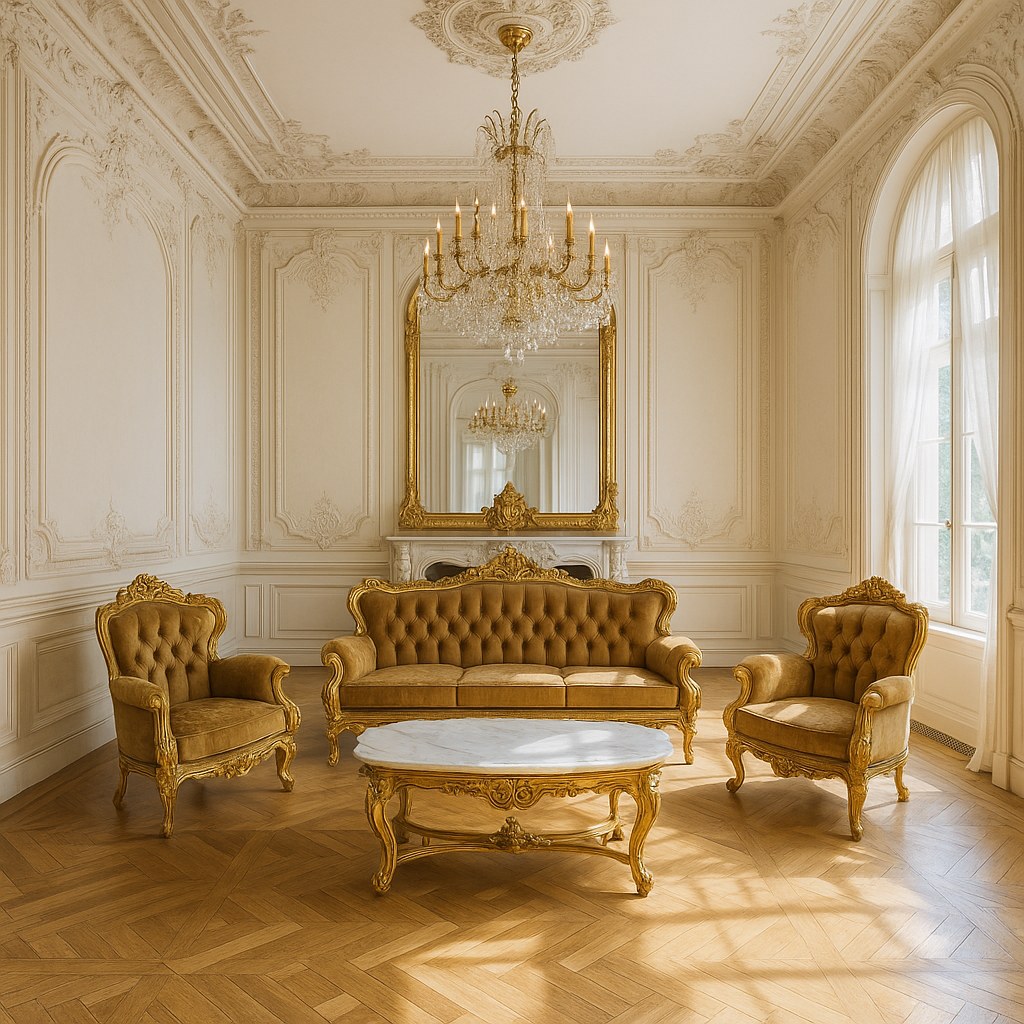 Living baroc Casa Padrino cu canapea și fotolii aurite într-o casă din România