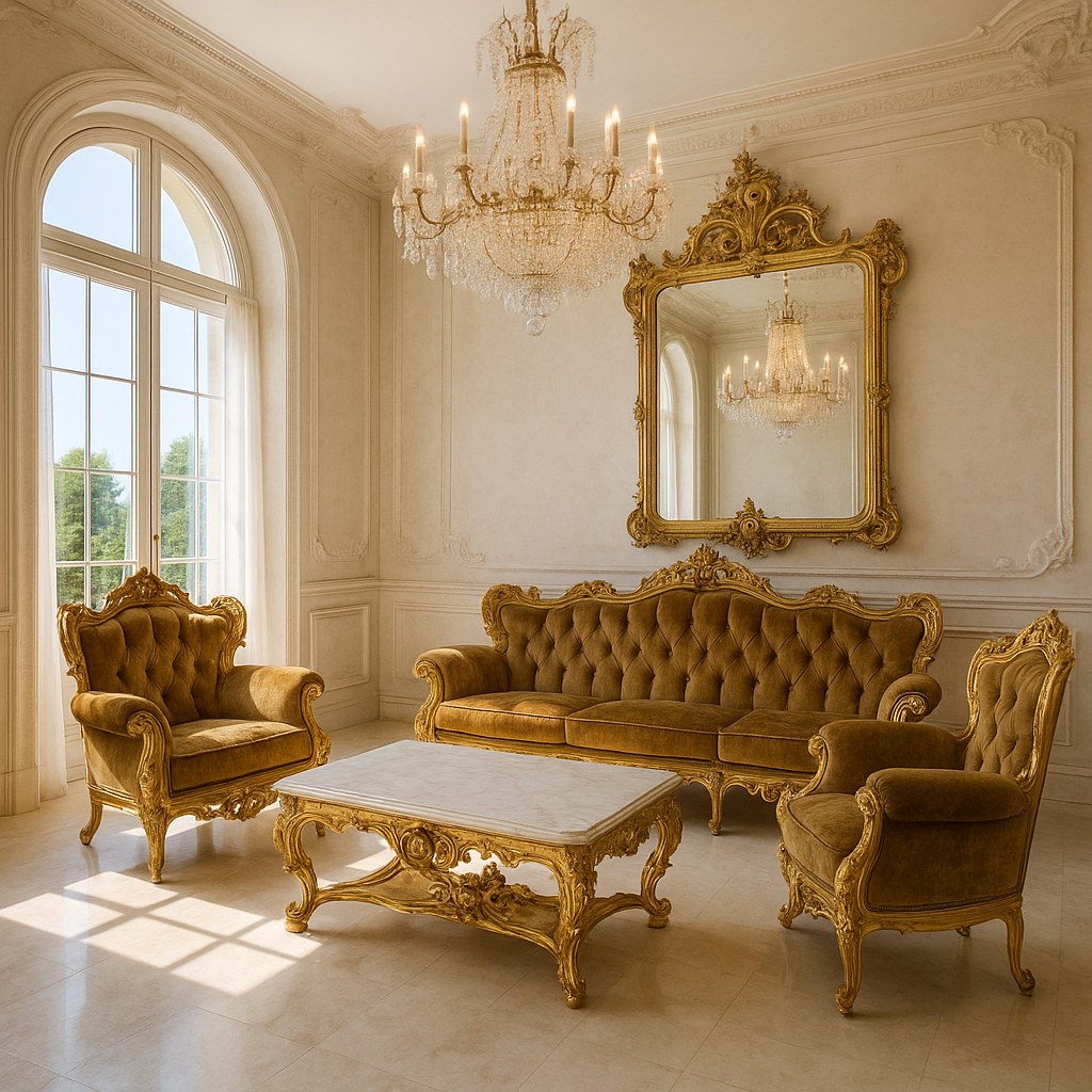 Set ndenjeseje barok Casa Padrino me kolltuqe të praruara në një ambient shqiptar