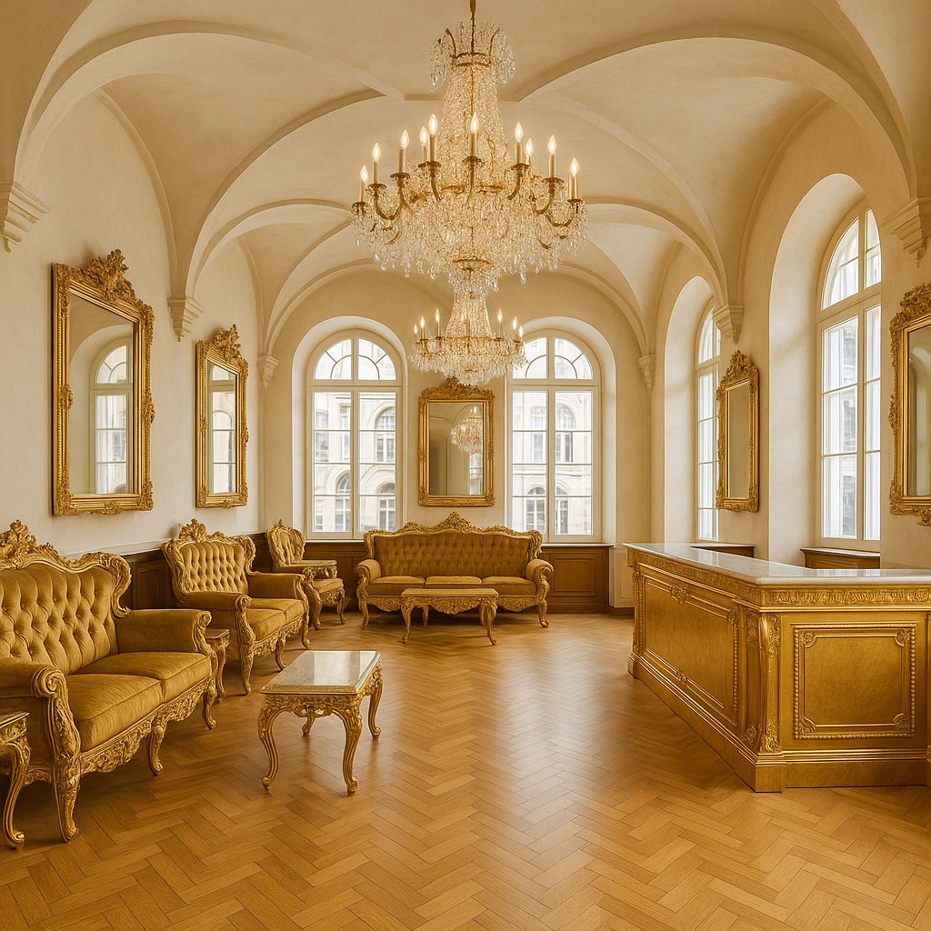 Hotelová hala zariadená barokovým nábytkom Casa Padrino a krištáľovými lustrami