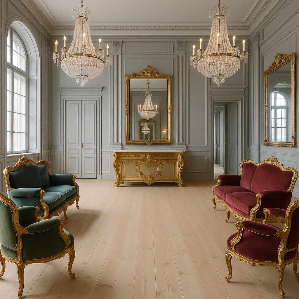 Hotellobby inredd med barockmöbler från Casa Padrino och kristallkronor