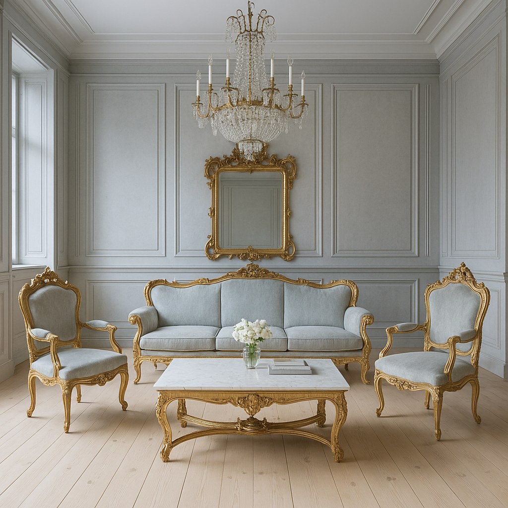 Barock soffgrupp från Casa Padrino med soffa och förgyllda fåtöljer i ett svenskt hem