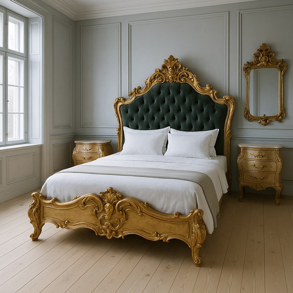 Barock sovrum med snidad säng och matchande sängbord i en svensk villa