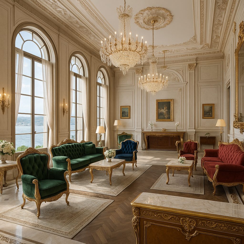 Casa Padrino barok mobilyaları ve kristal avizelerle döşenmiş otel lobisi