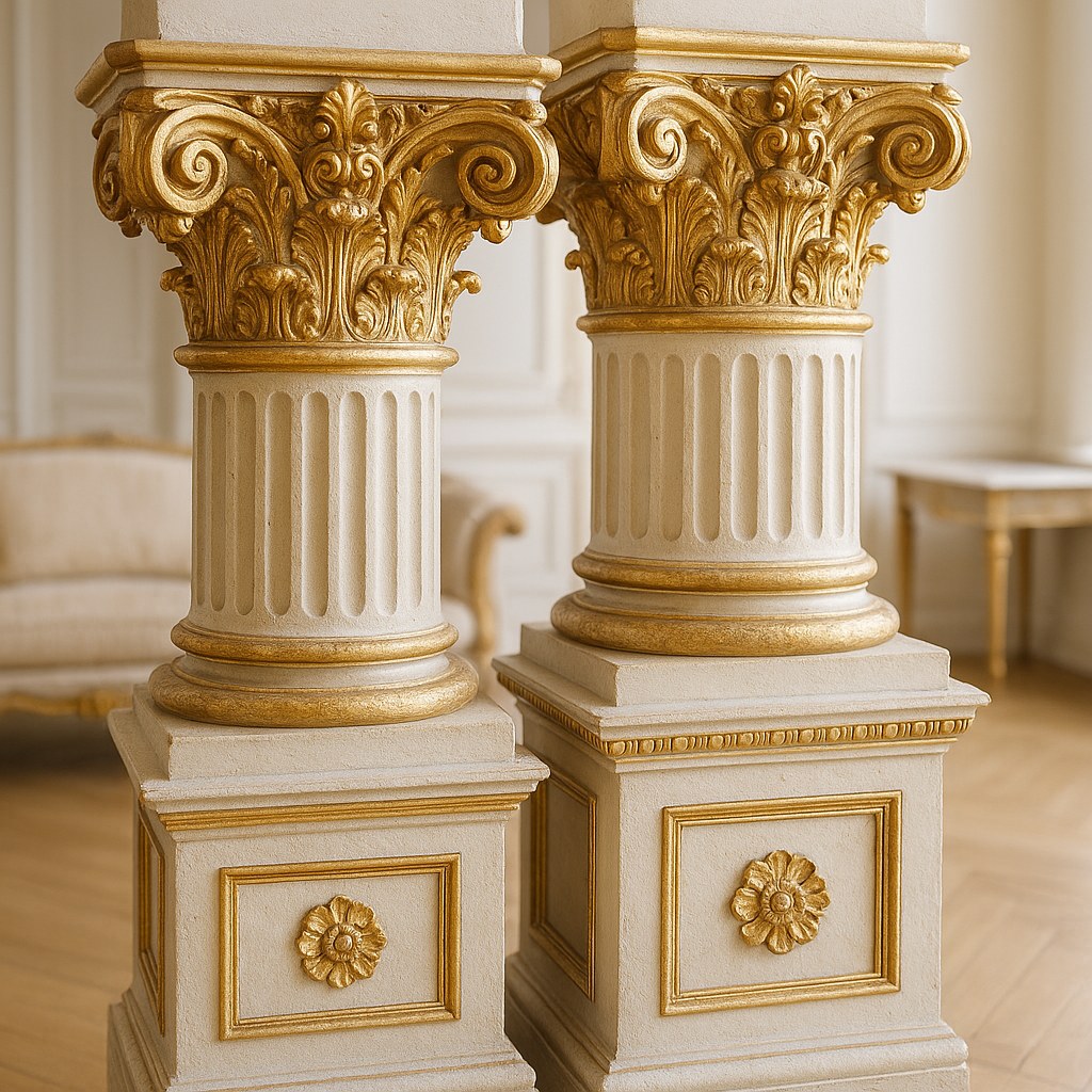 Detail eines barocken Kapitells mit vergoldeten Akanthusblättern und kanneliertem Schaft