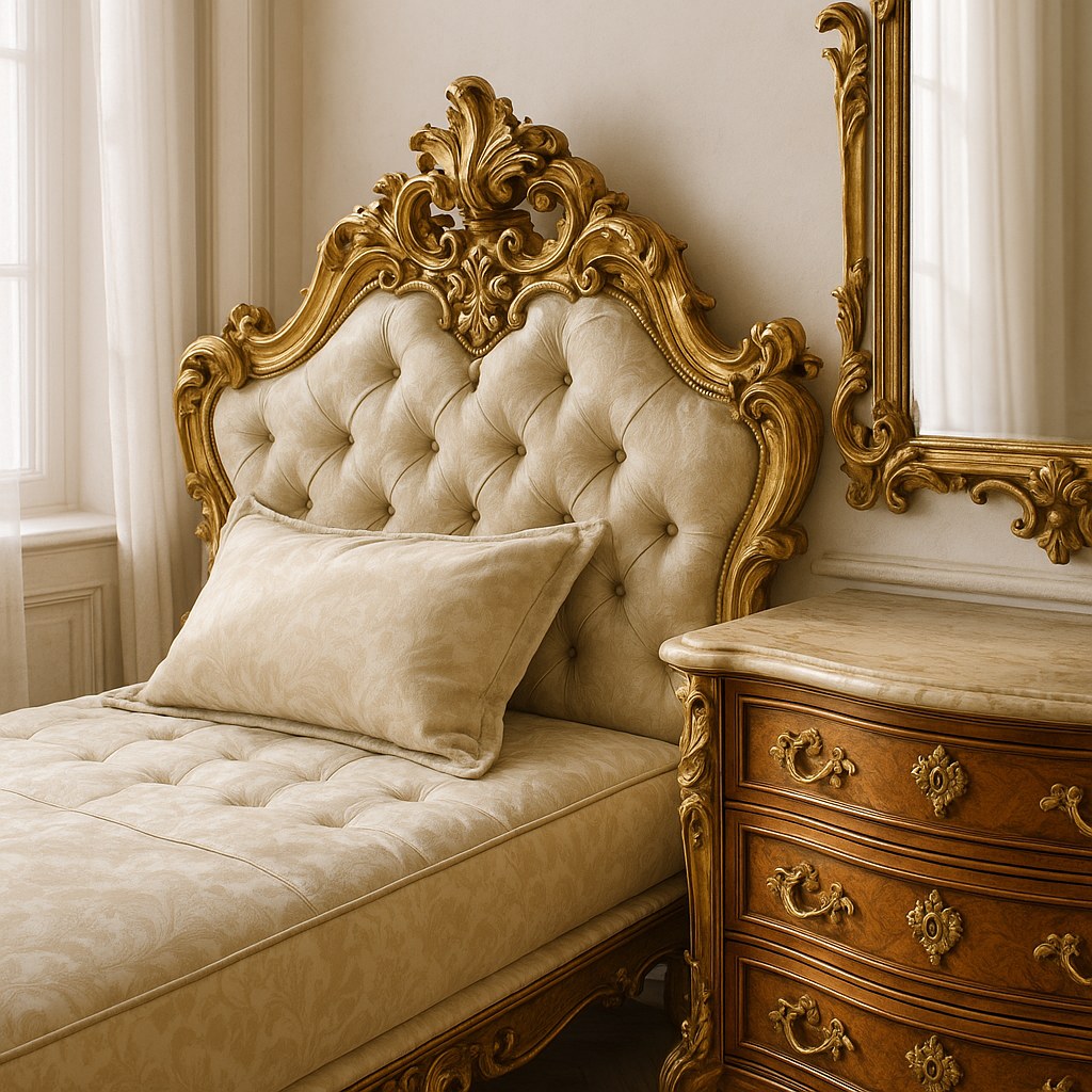Detalle de un dormitorio barroco con frente de cómoda tallado a mano y dorado al pan de oro y marco de espejo