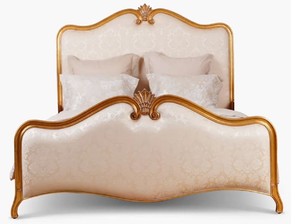 Barock Schlafzimmer mit Luxus Doppelbett aus Massivholz in Gold und Creme mit Muster und patiniertem Gold, Casa Padrino