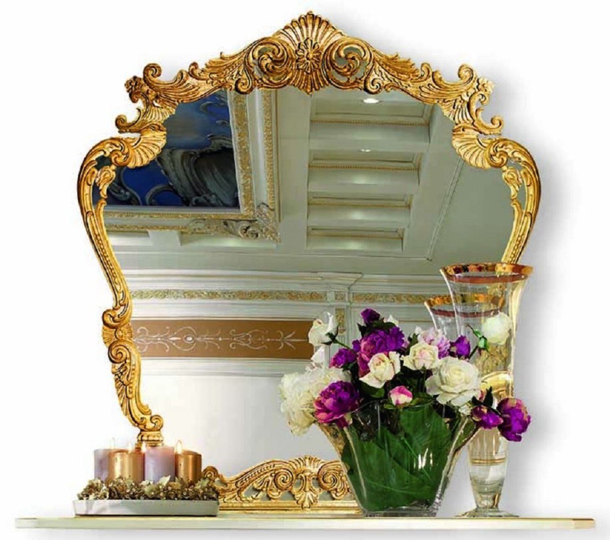 Goldener Barock Spiegel mit geschnitztem Rahmen, Höhe 120 cm, für ein Schlafzimmer im Barockstil, Casa Padrino