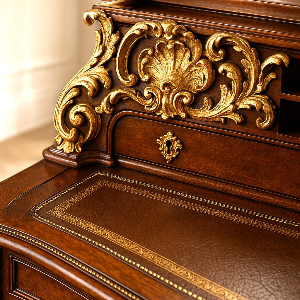 Dettaglio di una scrivania barocca con intarsi in legno, piano in pelle impresso in oro e maniglia dorata