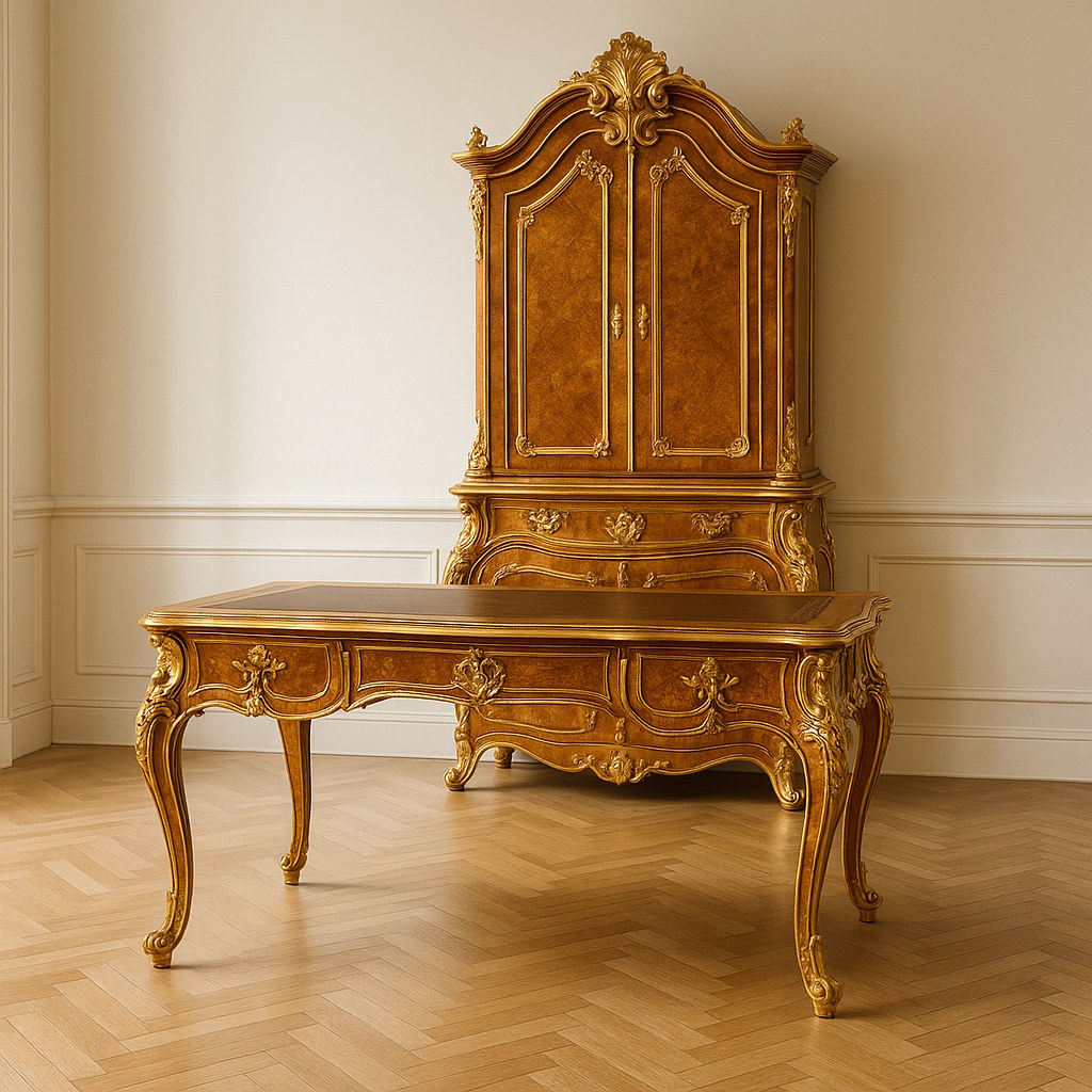 Insieme di scrivanie e secrétaire barocchi con intarsi, piano in pelle e ferramenta dorata