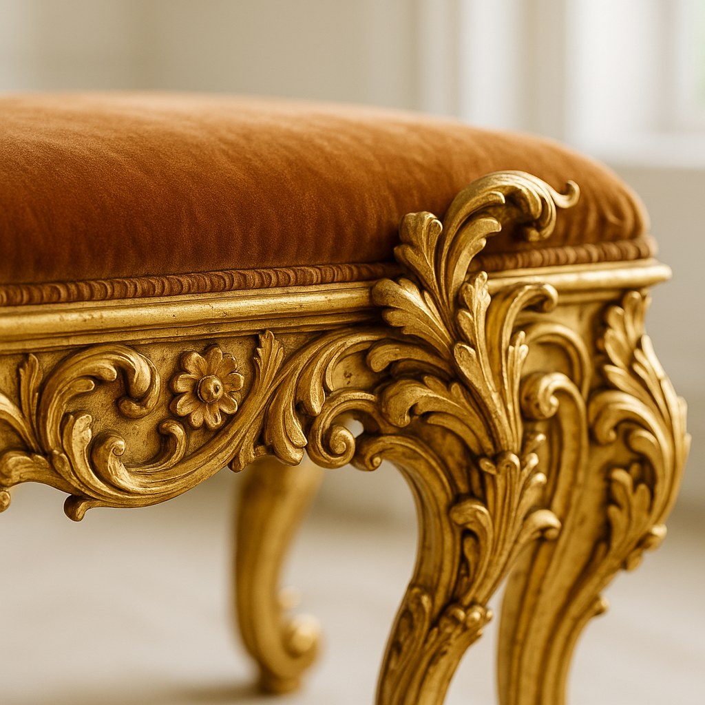 Detail einer Barock-Sitzbank mit handgeschnitzter, blattvergoldeter Schürze und tief geknöpftem Samtpolster