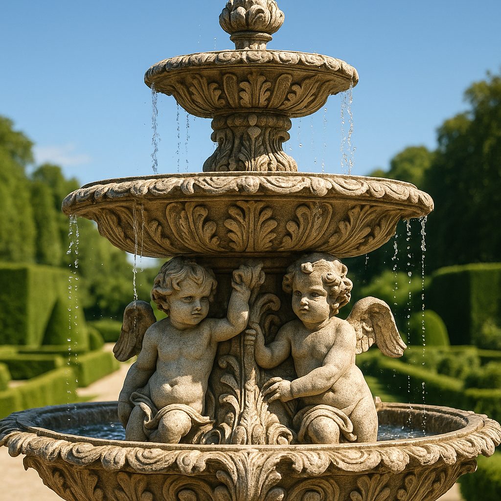 Dettaglio di una fontana barocca con coppa rifinita a mano, putto e volute in aspetto marmo, l'acqua scivola oltre il bordo