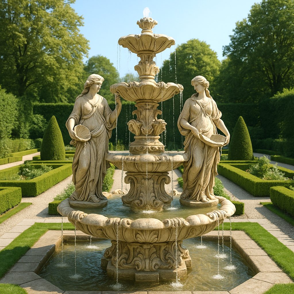 Fontana barocca a più vasche in aspetto marmo con acqua che cade su diverse coppe come punto focale in giardino