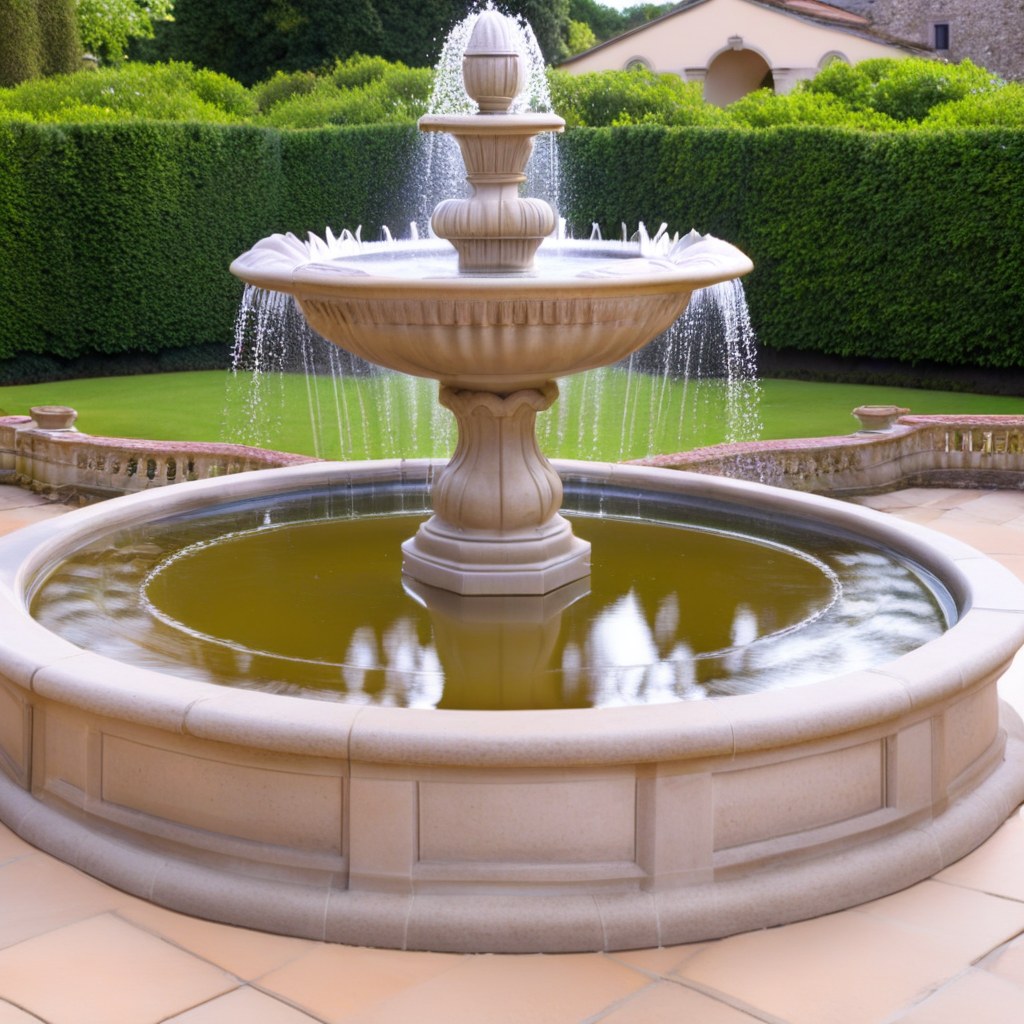 Prunkvoller Barock Springbrunnen aus Stein im herrschaftlichen Schlossgarten von Casa Padrino