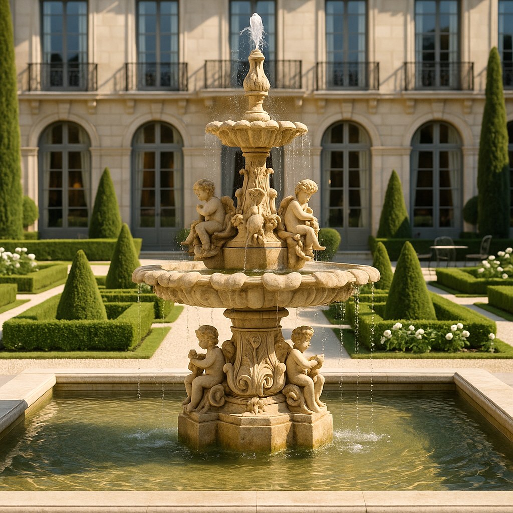 Fontana barocca nella hall di un hotel come cascata, l'acqua cade su più livelli come punto centrale rappresentativo