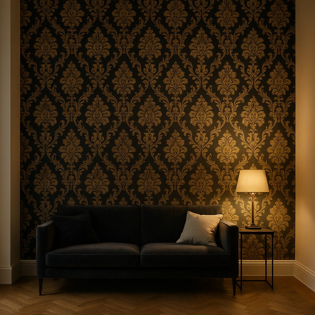 Barock Tapete in Gold mit Ornamentmuster in einem Wohnzimmer von Casa Padrino