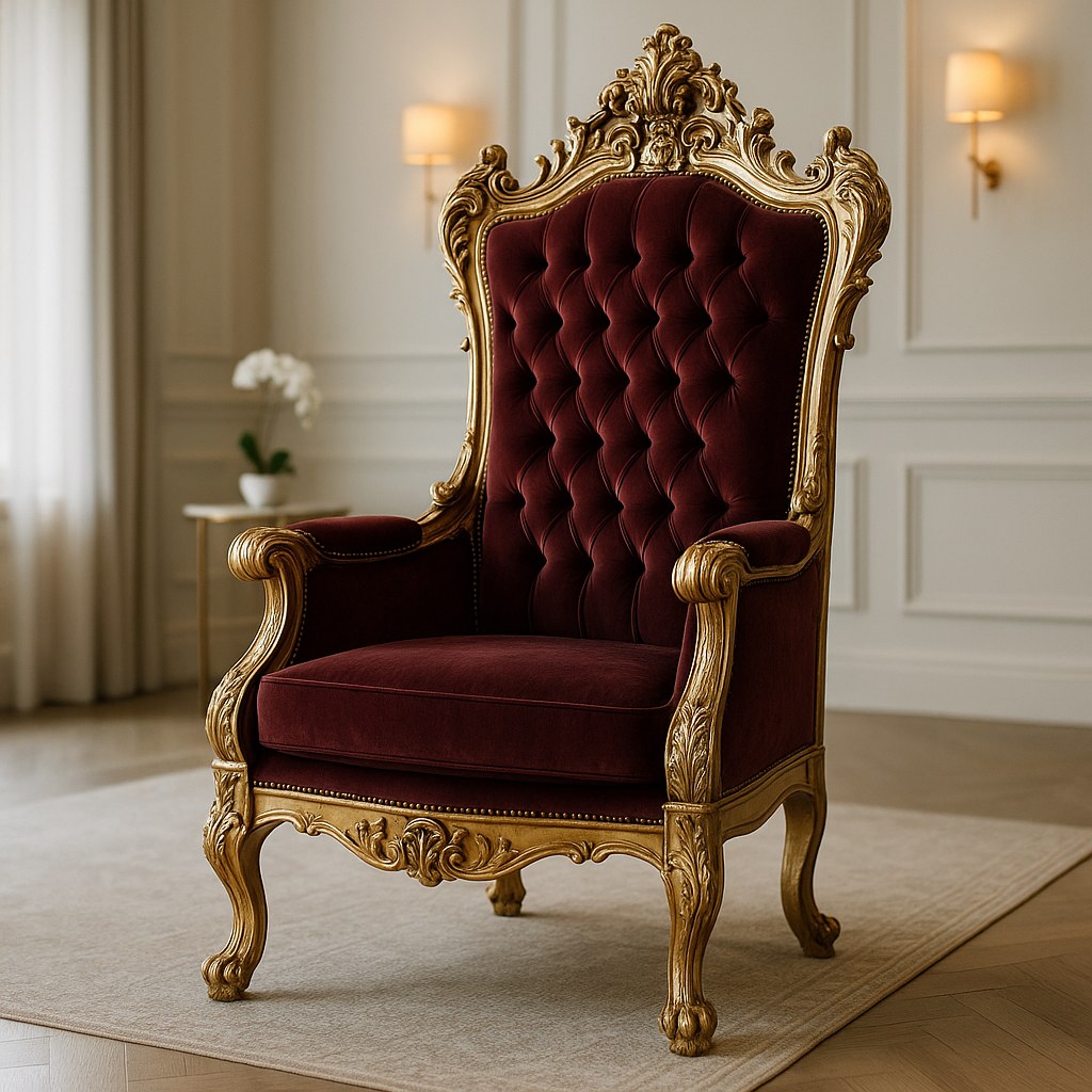 Barock-Thronsessel als Bühnen-Blickfang bei einer Hochzeit mit floraler Dekoration